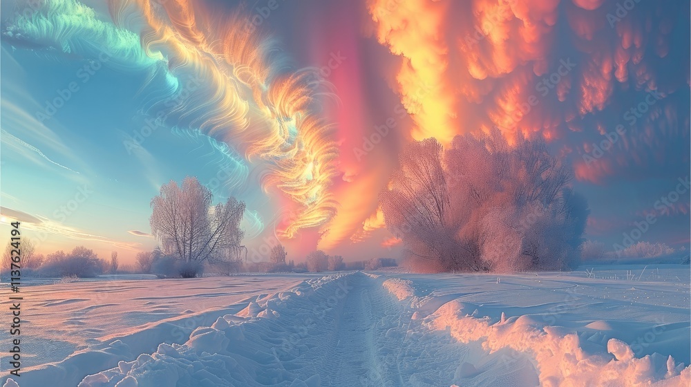 Poster the sky is covered with colorful clouds, surreal and beautiful, showing a rainbow of colors, with a 