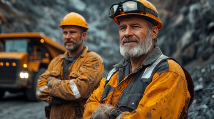 Fototapeta premium Experienced miners standing confidently in a quarry with heavy machinery in the background during daylight