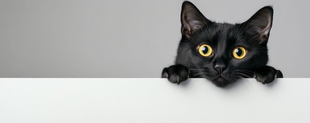 Fototapeta premium Curious Black Cat Peeking Over White Banner in Photorealistic Style with Glowing Yellow Eyes and Sleek Fur on White Background - Sharp Detail
