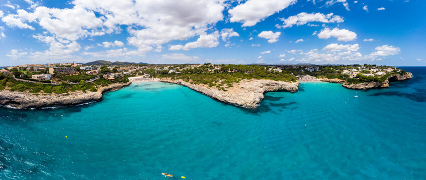 Spain, Baleares, Mallorca, Porto Cristo Novo, Aerial view of Cala Mendia, natural harbor