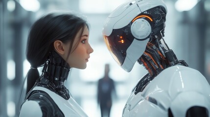 Fototapeta premium Human and robot face-to-face in a futuristic setting