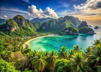 Obraz premium Phi Phi Islands: Stunning Mountain & Sea Views, Thailand Travel Photography, Idyllic Beach Escape, Azure Waters, Tropical Paradise