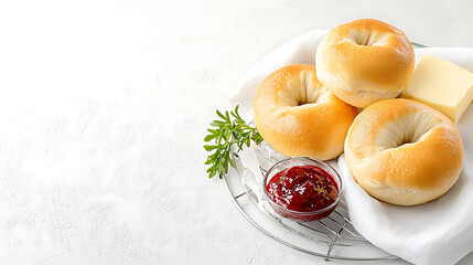 Freshly baked bagels with butter and jelly on serving tray kitchen setting food photography minimalist style close-up shot