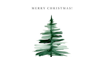 Minimalist Christmas Tree Watercolor Painting with Merry Christmas Calligraphy. Green. Elegant and Luxurious Christmas Design. 3