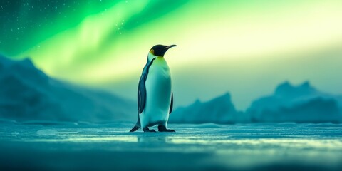 Fototapeta premium A majestic emperor penguin stands against a stunning aurora borealis. The vibrant northern lights paint the night sky in beautiful colors. This image captures the beauty of nature. AI