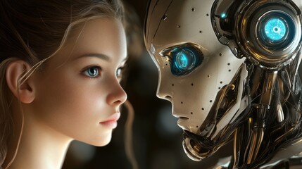 Fototapeta premium Close-up of a female human with a robotic face