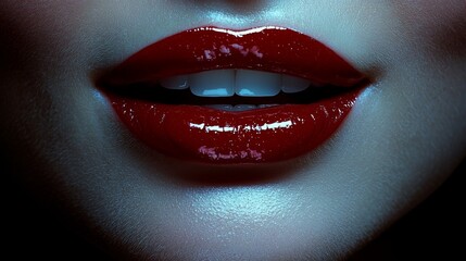 Fototapeta premium Close-up of red lips with glossy lipstick under dramatic lighting