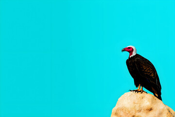 Majestic Vulture Perched on Rock Against Bright Turquoise Sky in Nature Setting
