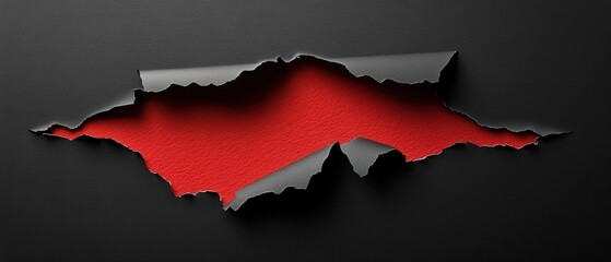 Close-Up of a Torn Black Paper with a Bright Red Interior Revealing a Ripped and Ruffled Surface in an Ultra-Clean Design Aesthetic