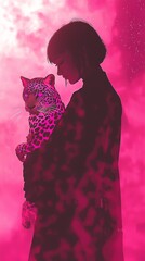 Fototapeta premium Silhouette of a woman holding cat against pink background