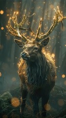 A majestic stag with moss-covered antlers, each tip glowing faintly with golden light, standing in a misty woodland clearing. Around its hooves.