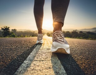 A close-up of a foot stepping onto a long, straight road that stretches ahead