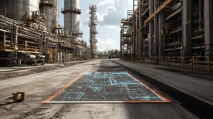 A detailed chemical plant explosion hazard map integrated with a virtual twin system that predicts toxic exposure zones leaving copy space on the top left for additional information or graphics