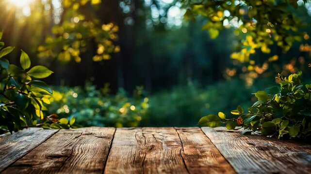 Serene boreal forest backdrop with rustic wooden table for product mockup, perfect for eco-themed designs and natural displays, table-top customizable for editing 4k video