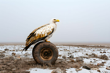 Obraz premium Majestic eagle perched on an old tire in a barren landscape under a cloudy sky with minimal vegetation and rocky terrain