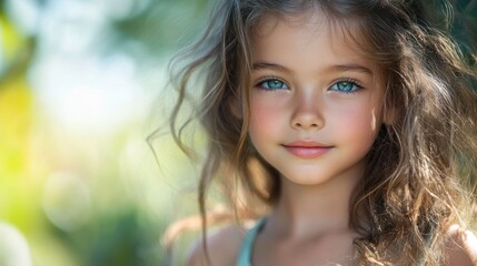 Fototapeta premium Close-up of a young girl with green eyes and soft sunlight on her face