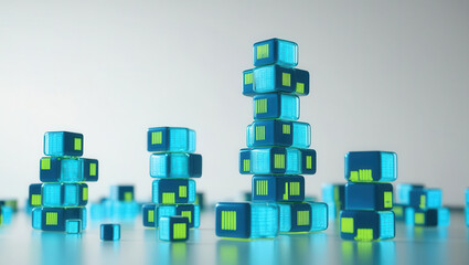 Obraz premium Nanotechnology Analytics Concept. Glowing nanoscale cubes stacking into towers, showcasing nanotechnology