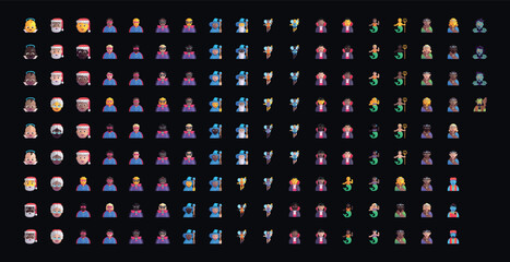 Set of yellow emoji Person Fantasy in vector graphic format on a black background.