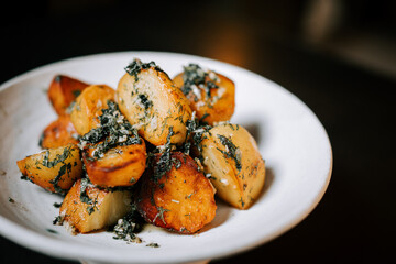 Fried Potatoes Garnished With Fresh Herbs Presented on a White Plate During a Cozy Dining Experience