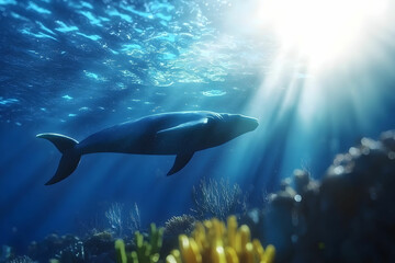 Fototapeta premium Majestic Marine Mammal Swimming Gracefully Through Clear Ocean Waters Under Sunlight Rays