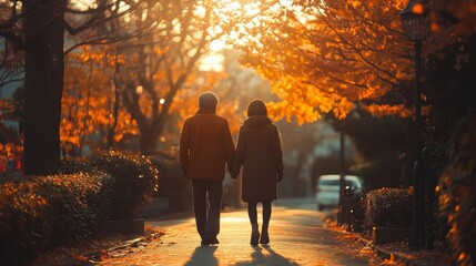 Fototapeta premium Couple walking in a park surrounded by autumn leaves and warm sunlight