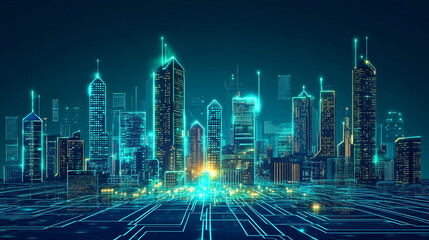 A man stands on a balcony of a high rise building, looking out over the city, Futuristic city skyline with glowing digital lines in a blue background.