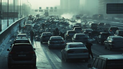 Vehicles stalled, icy road, debris, winter traffic jam.