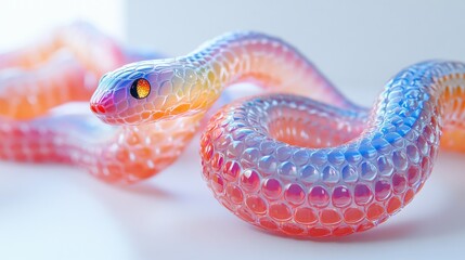 Fototapeta premium Colorful iridescent snake curled in abstract bright environment