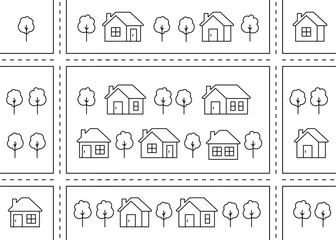 Map of city, village, childish line graphic pattern with street road, house. Neighborhood. City landscape, top view. Kids seamless background, play mat for children. Coloring. Vector line illustration