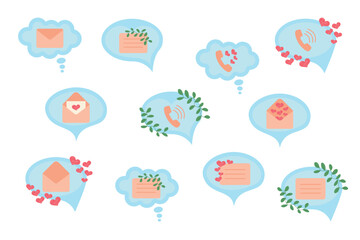 Set of speech bubble notifications for phone and computer. Pop-up notifications. Cute, cartoon style with watercolor, hearts and twigs. Vector illustration.