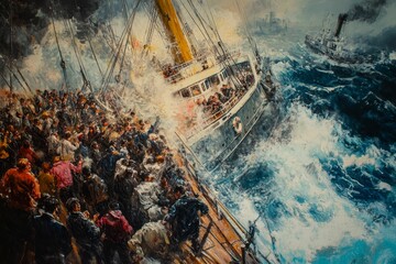 Stormy sea, crowded ship, desperate passengers.