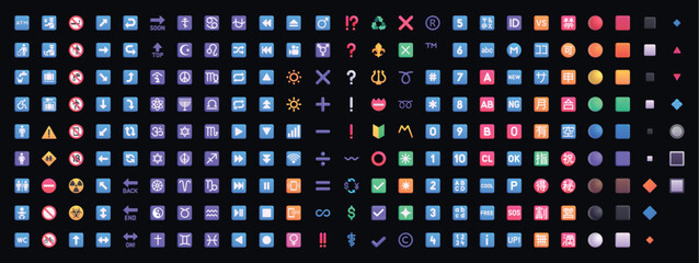 Set of yellow emoji Symbols in vector graphic format on a black background.