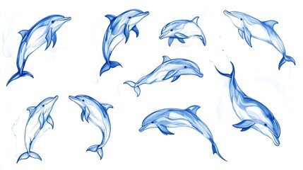 Blue, smoke-like dolphins jumping, swimming.