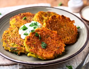 Delicious sweet potato and zucchini rosti with fresh herbs and yogurt topping