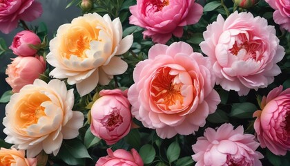 Fototapeta premium Artistic composition of vibrant watercolor roses and peonies, harmony, beautiful color palette, balance