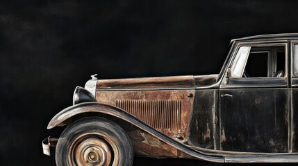 Fototapeta premium Vintage Antique Car Artwork: Detailed Side Profile of a Rusty Classic Car
