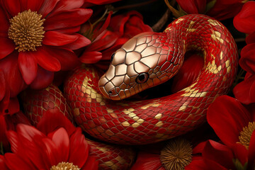 Obraz premium A striking red snake nestled among vibrant red flowers, showcasing its unique scales and colors in a captivating natural setting.