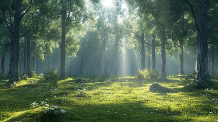 Obraz premium Sunbeams Dancing Through a Mystical Forest