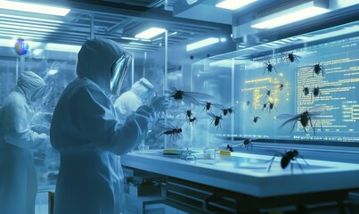 Scientists in lab coats study insects.