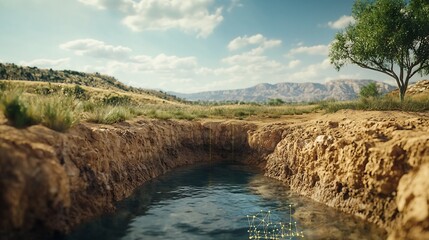 Obraz premium Groundwater Recharge Area Map Overlaid with a Virtual Twin Analyzing Aquifer Health and Leaving Copy Space in the Bottom Right Corner