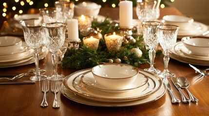 Fototapeta premium Elegant Christmas dinner table setting with candles, glassware, and plates.