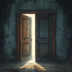 Horror background with open door and light