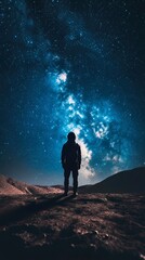 Fototapeta premium Man on hill gazes at vibrant night sky