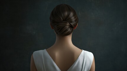 Woman?s back, bun hairstyle, white dress.