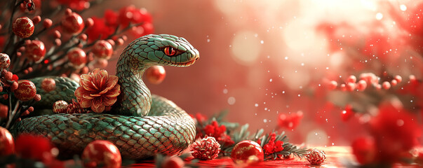 Fototapeta premium Green wooden snake with chinese decorations as symbol of Lunar Chinese New Year 2025. Banner with copy space. Shallow depth of field.