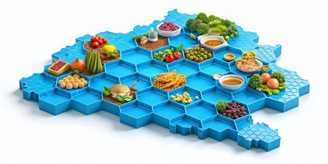 Naklejka premium Isometric Dominican Republic Map, Blue Hexagons, Food Photography, High Depth of Field