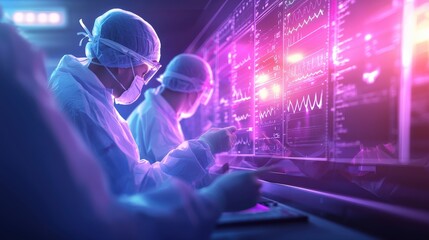 A team of surgeons reviewing patient scans on a digital whiteboard before starting a procedure