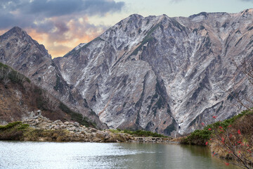 Obraz premium Happo pond is Small lake on the ridge trail in Northern Alps, Hakuba, nagano prefecture,Japan.