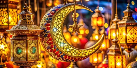 Fototapeta premium Ramadan & Eid Al-Adha: Golden Crescent Moon, Lanterns & Islamic Lamps Macro Photography
