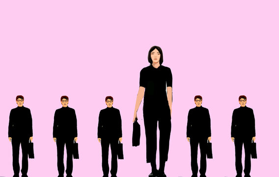 Businesswoman and businessmen standing with briefcases against pink background
